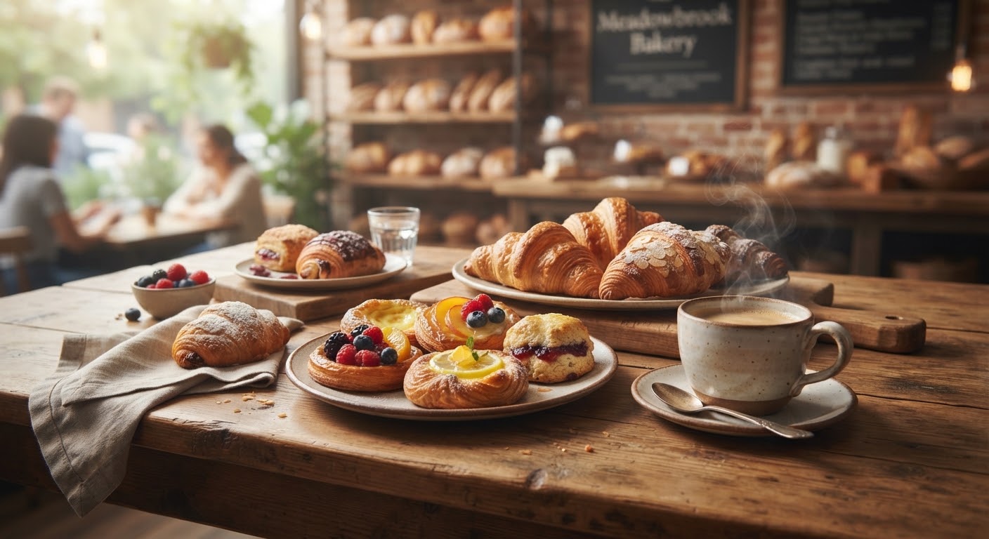 A spread of artisan pastries, including croissants and fruit tarts, alongside a steaming cup of coffee on a rustic wooden table.