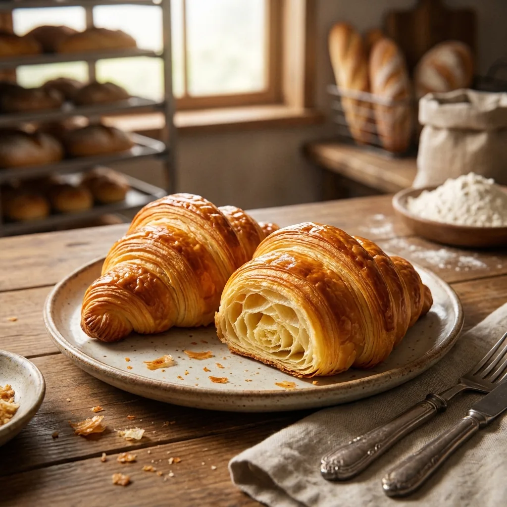 Two flaky, golden-brown butter croissants on a minimalist ceramic plate, resting on a white marble countertop.
