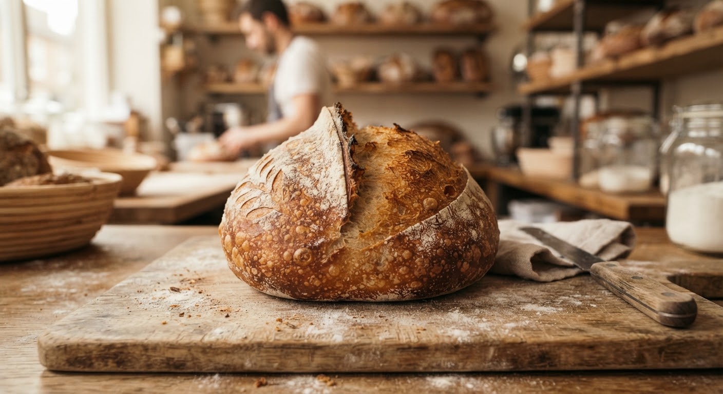 A perfect, crusty sourdough boule sitting on a floured wooden cutting board, natural lighting highlighting the distinct ear and blistered crust.