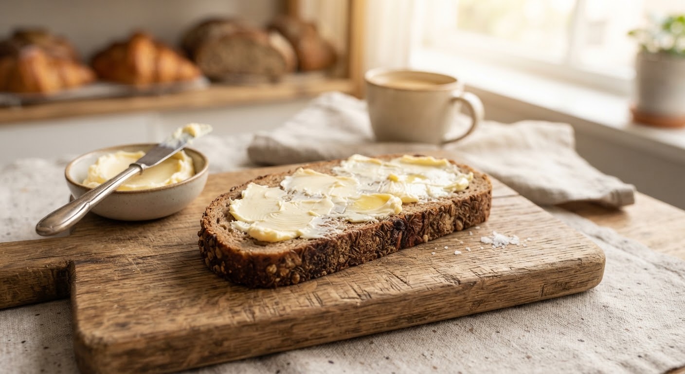 A slice of dark, dense rye bread spread generously with cultured butter, resting on a rustic wooden board.