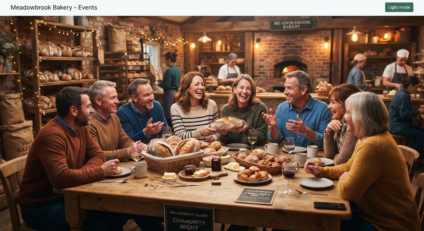A community gathering in a rustic bakery setting, with people smiling, chatting, and sharing bread around a large wooden table.