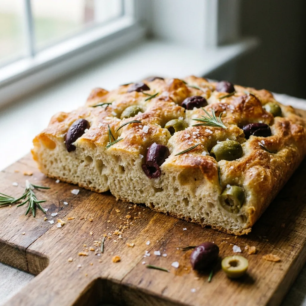 A rustic olive and rosemary focaccia slab, dimpled surface glistening with olive oil, scattered with sea salt flakes.