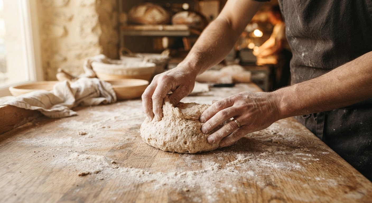 A close-up shot of hands kneading artisan sourdough bread dough on a wooden surface dusted with flour, lit warmly by early morning light.